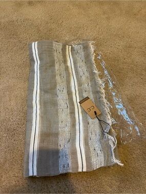 C.C. Boutique Taupe and White Striped Fringed Wrap Scarf
